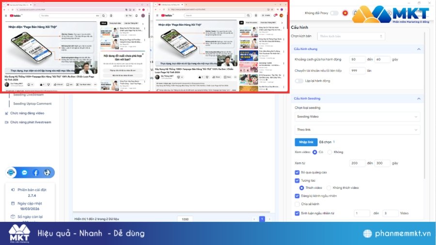 Giao diện phần mềm sau khi thiết lập hành động Cách tăng 1000 Sub YouTube