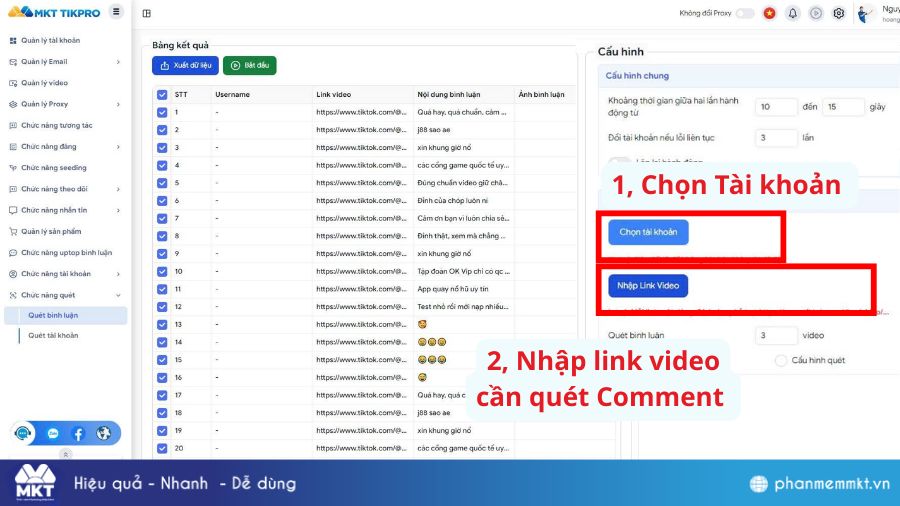 Cách quét comment TikTok hàng loạt nhanh chóng 4 Sử dụng tính năng quét comment TikTok của MKT TikPro