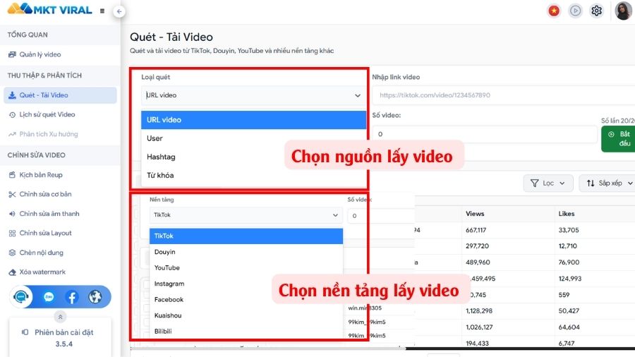 MKT Viral - Tool reup YouTube hàng loạt, không dính bản quyền 4 Tính năng Quét/Tải video của MKT Viral