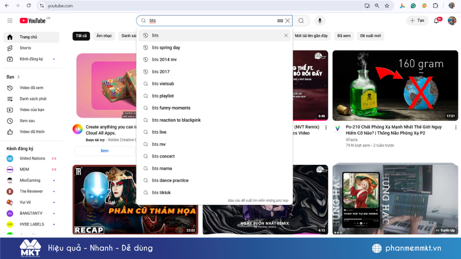 Sử dụng gợi ý từ YouTube search suggest