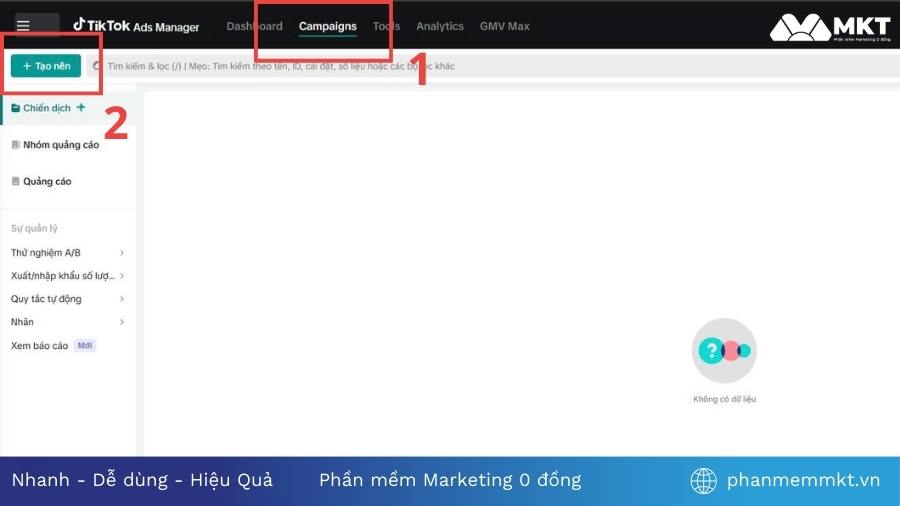 Vào chiến dịch và chọn tạo chiến dịch quảng cáo Chạy quảng cáo TikTok Shop