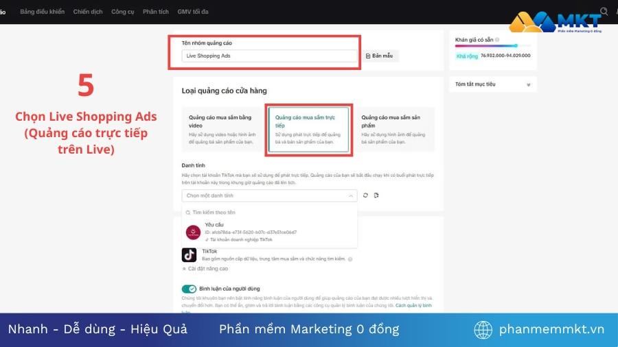Chọn Quảng cáo trực tiếp trên Livestream Chạy quảng cáo TikTok Shop