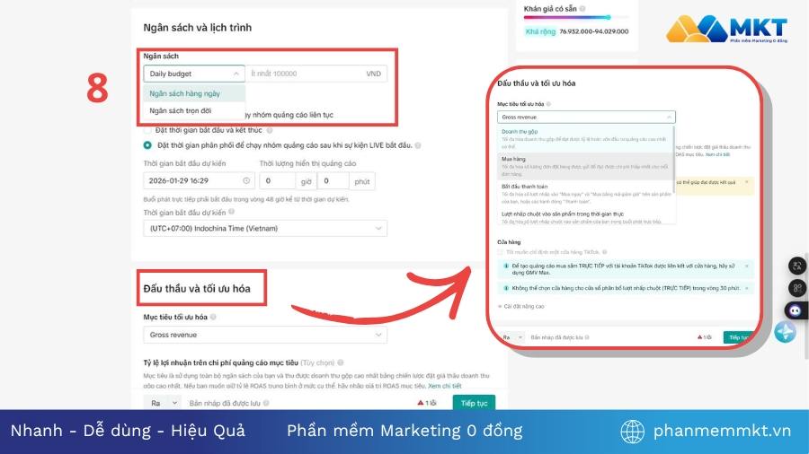 Lựa chọn ngân sách và giá thầu Chạy quảng cáo TikTok Shop