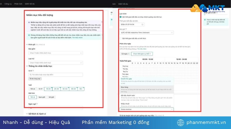 Chọn nhóm đối tượng mục tiêu và ngân sách Chạy quảng cáo TikTok Shop