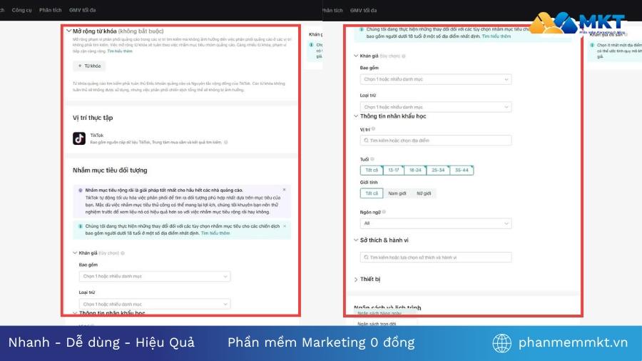 Chọn đối tượng mục tiêu và lên ngân sách quảng cáo Chạy quảng cáo TikTok Shop