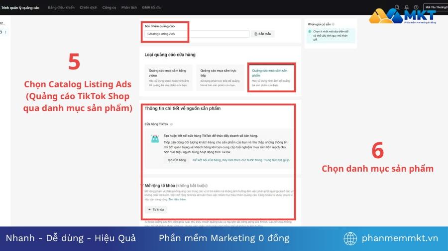 Chọn quảng cáo qua danh mục sản phẩm Chạy quảng cáo TikTok Shop