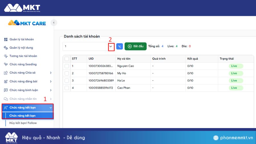 Chức năng Kết bạn phần mềm MKT Care