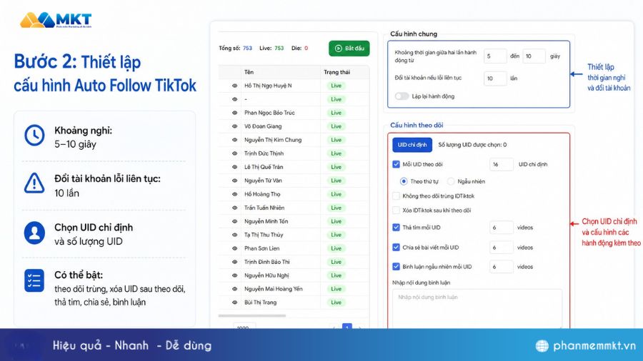 Hướng dẫn 3 bước auto follow TikTok với MKT TikPro 3 Thiết lập cấu hình Auto Follow TikTok