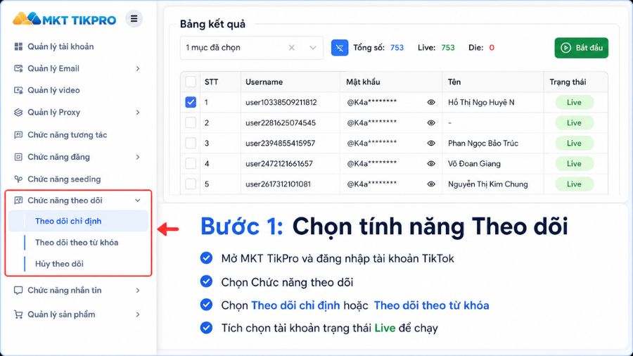 Hướng dẫn 3 bước auto follow TikTok với MKT TikPro 2 Hướng dẫn Auto Follow TikTok bằng MKT TikPro