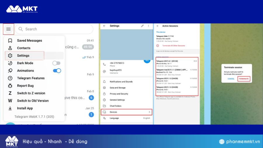 Cách đăng xuất Telegram từ xa trên điện thoại