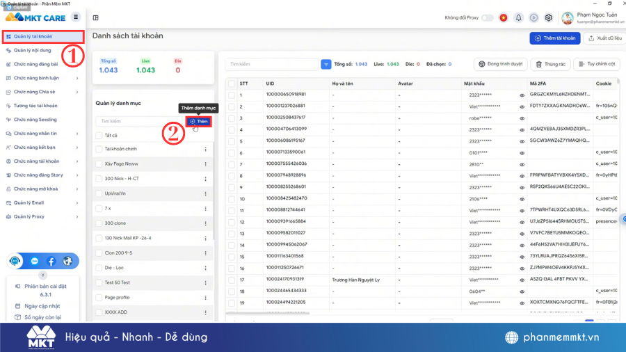Tạo danh mục quản lý tài khoản Facebook