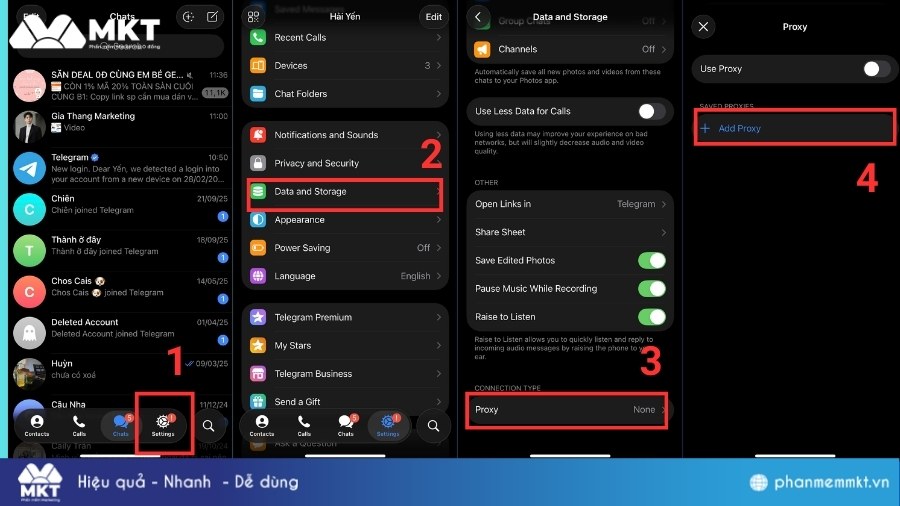 Vào mục Data and Storage và chọn Proxy Cách tải video trên Telegram khi bị chặn