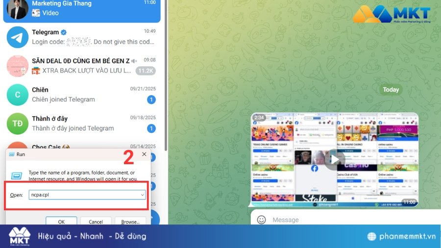 Gõ ncpa.cpl và nhấn Enter Cách tải video trên Telegram khi bị chặn