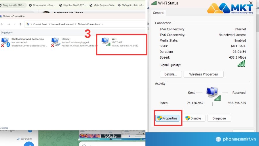 Chọn mạng đang sử dụng và chọn Properties Cách tải video trên Telegram khi bị chặn