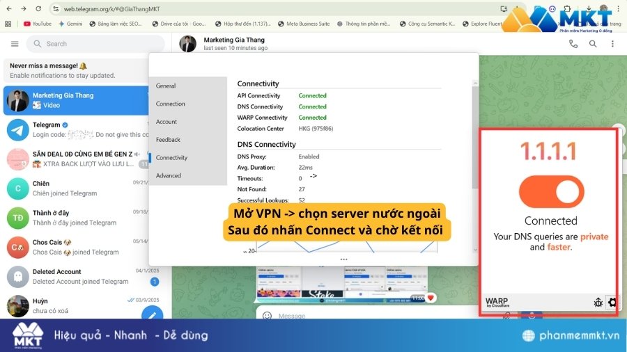 Chọn server nước ngoài sau đó nhấn Connect Cách tải video trên Telegram khi bị chặn