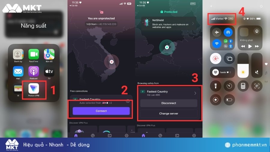 Mở ứng dụng Proton VPN và nhấn Connect Cách tải video trên Telegram khi bị chặn