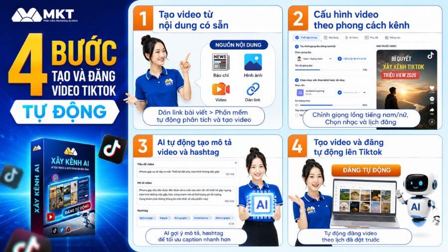 Phần mềm tạo mô tả video bằng AI và đăng TikTok tự động 2 Phần mềm xây kênh AI