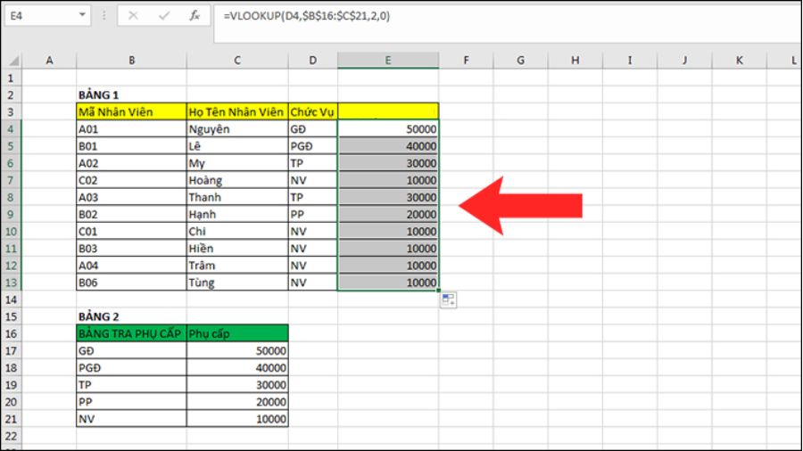 Sử dụng hàm Vlookup tính phụ cấp cho nhân viên