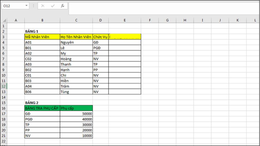 Sử dụng hàm Vlookup tính phụ cấp cho nhân viên