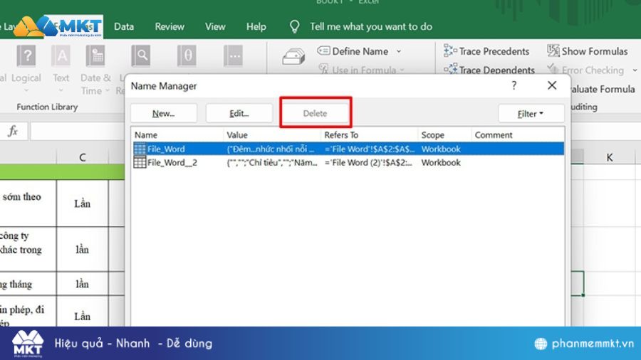 Xóa các Name Range trong file Excel