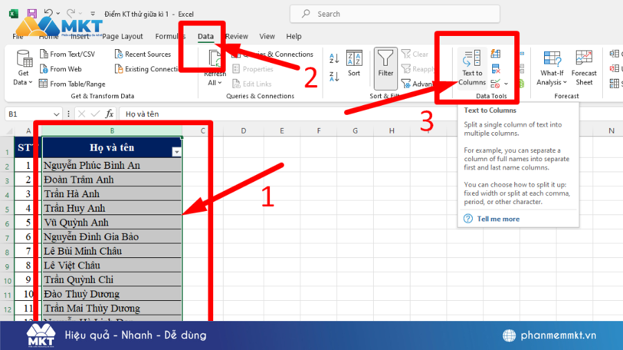 cách tách tên trong Excel