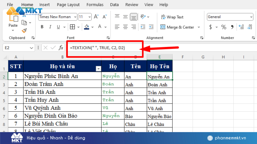 cách tách tên trong Excel