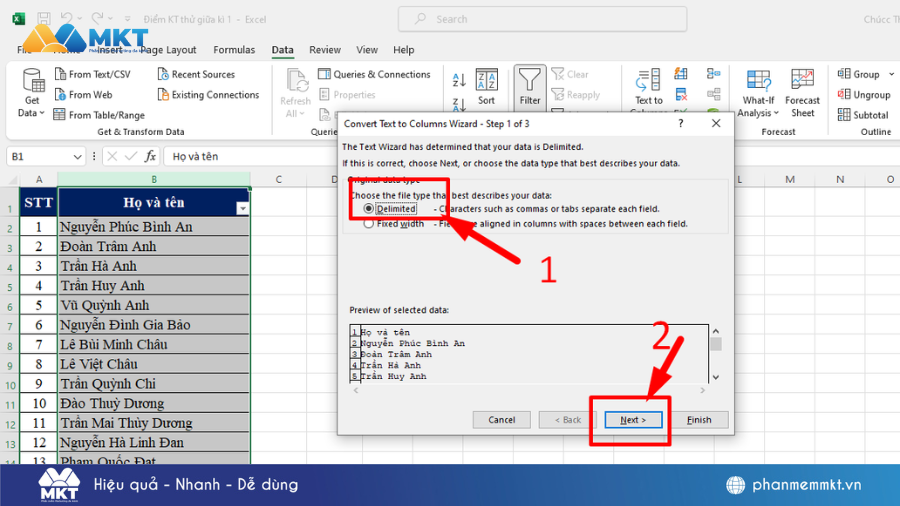 cách tách tên trong Excel