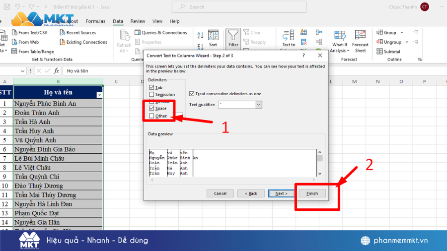 cách tách tên trong Excel