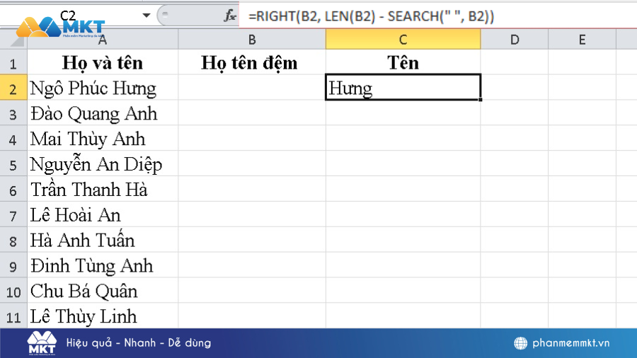 cách tách tên trong Excel