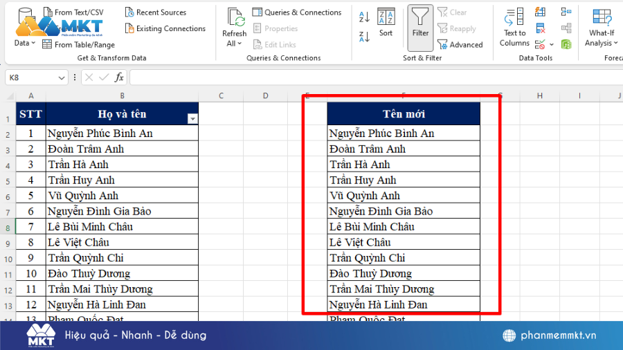 cách tách tên trong Excel