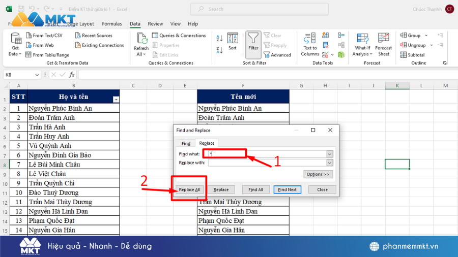 cách tách tên trong Excel