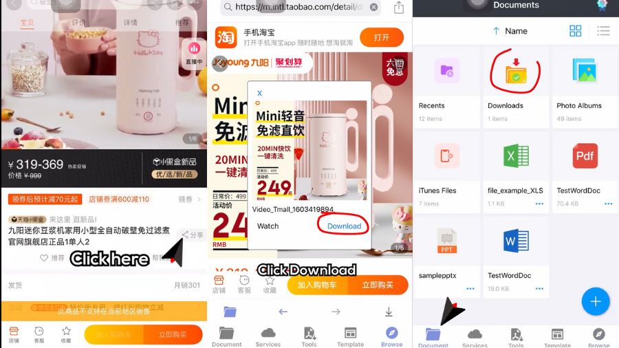 Cách tải video trên Taobao về điện thoại bằng Documents Gogo