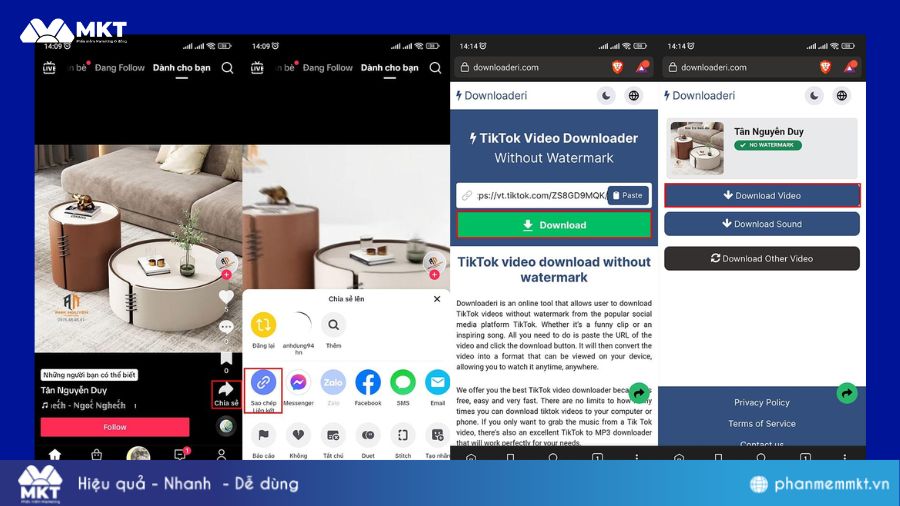 Tải video trên TikTok không có nút lưu bằng Downloaderi