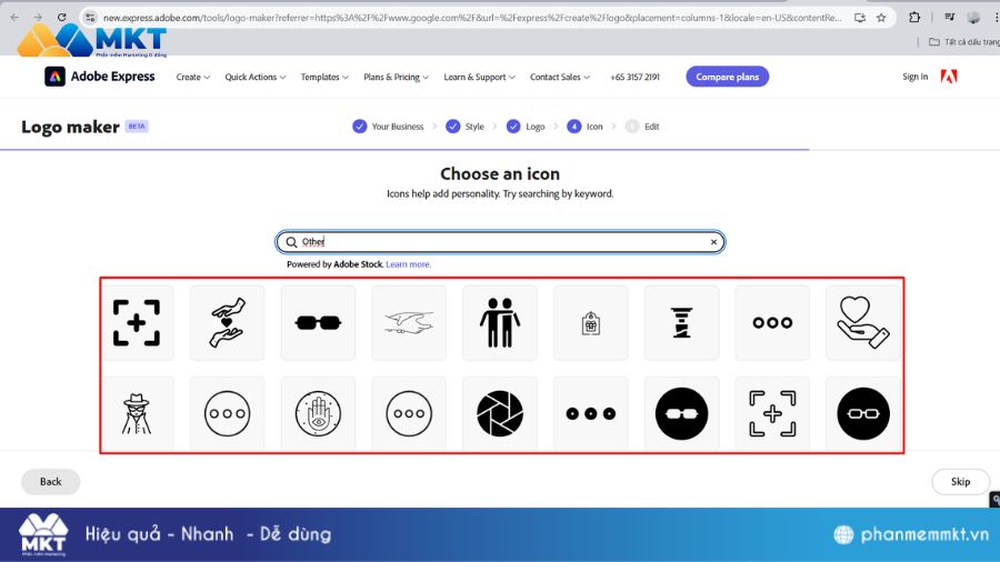 Chọn Icon muốn sử dụng trong logo trên Adobe Express Logo Maker