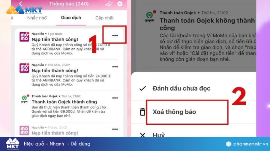 Chọn Xóa thông báo lịch sử giao dịch