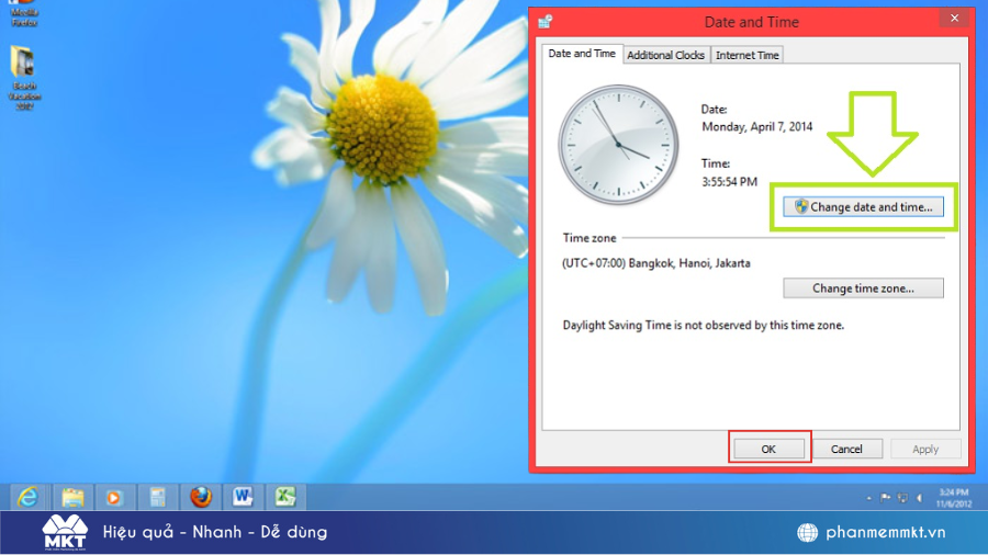 Nhấn "Change date and time"