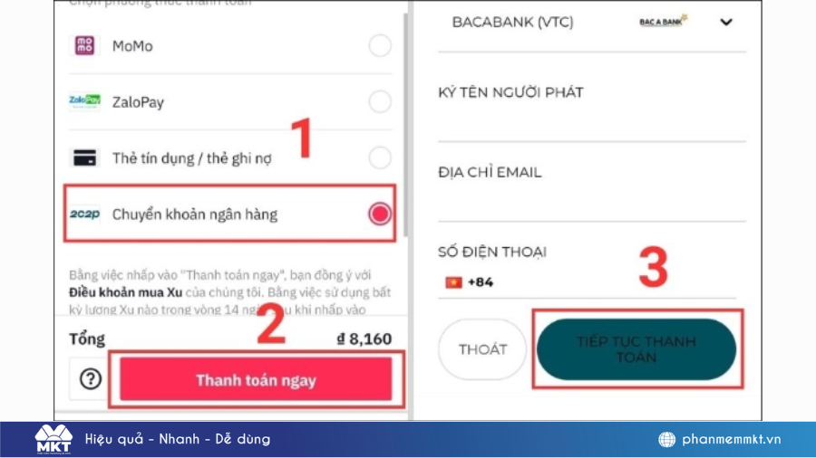 Cách nạp xu TikTok bằng tài khoản ngân hàng