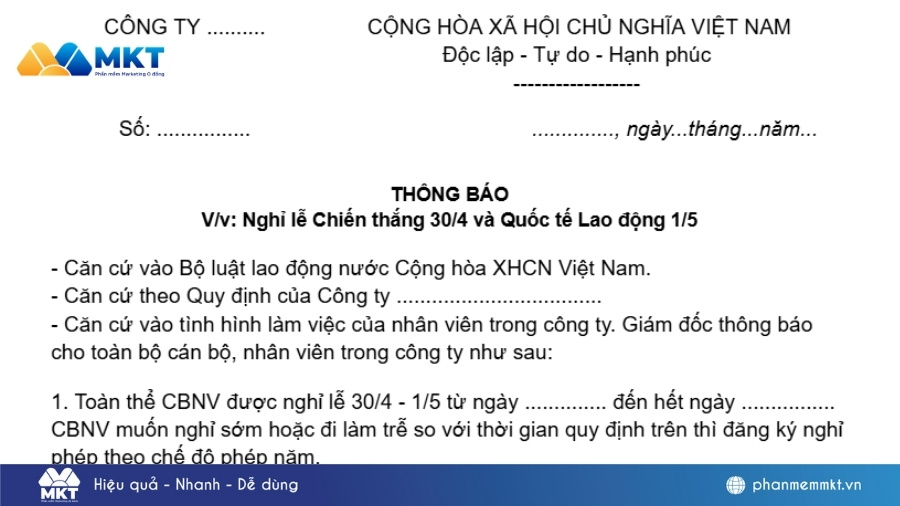 Mẫu thông báo nghỉ lễ 30-4 cho nhân viên Mẫu thông báo nghỉ lễ 30-4 cho nhân viên