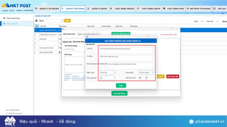 Tạo nội dung bài đăng Facebook bằng AI trên MKT Post