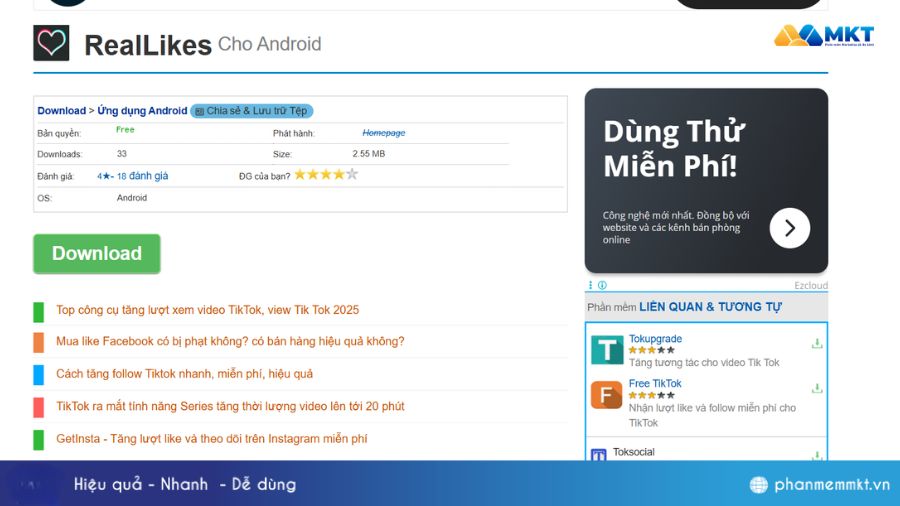 Top 8 app tăng tim TikTok hiệu quả cao 9 RealLikes - App tăng lượt tim TikTok trên Android