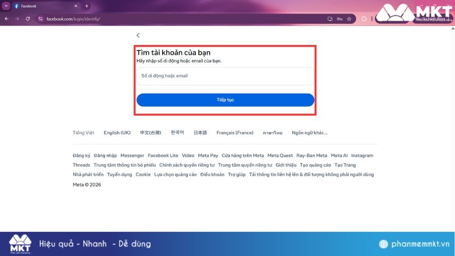 Điền số điện thoại của người mà bạn muốn tìm Tìm tài khoản Facebook