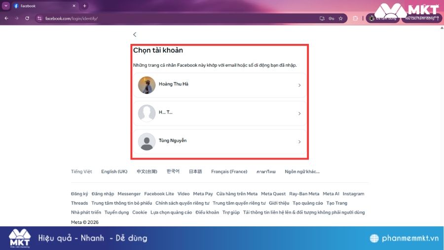 Tài khoản Facebook của số điện thoại này sẽ hiển thị Tìm tài khoản Facebook