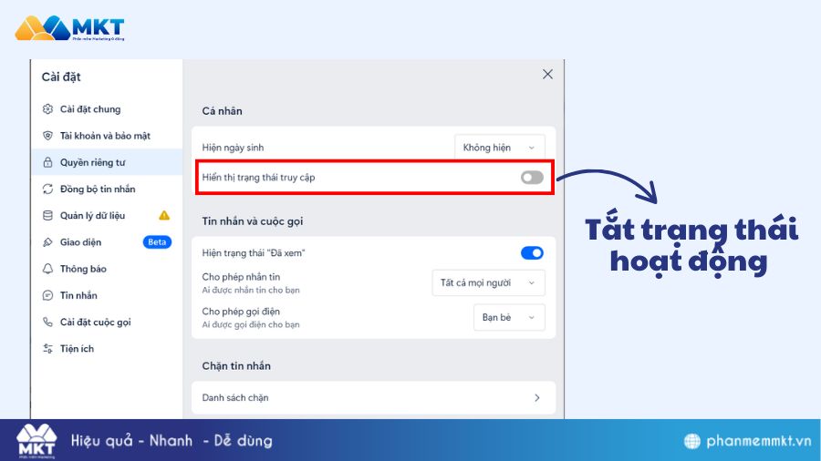 Cách tắt chế độ hoạt động trên Zalo