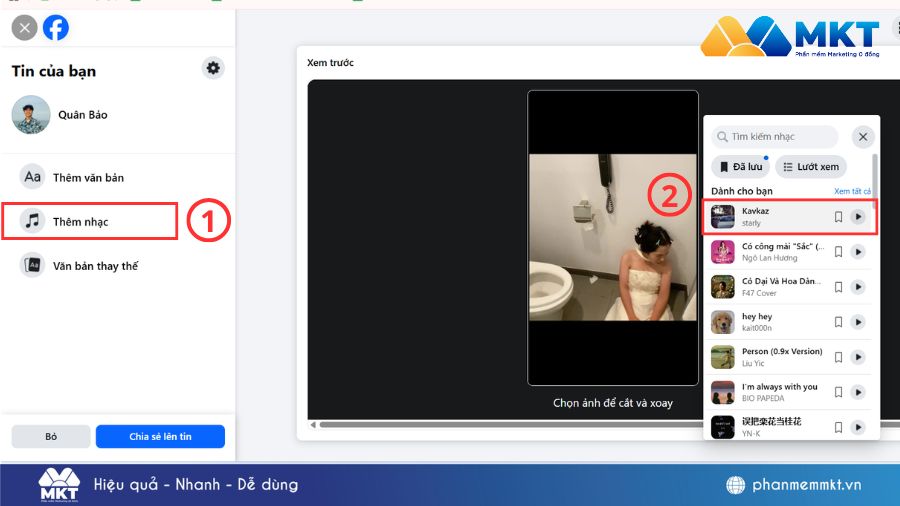 Chọn thêm nhạc và chọn bài hát mà bạn muốn thêm vào hình ảnh Cách đăng video lên story Facebook bằng máy tính