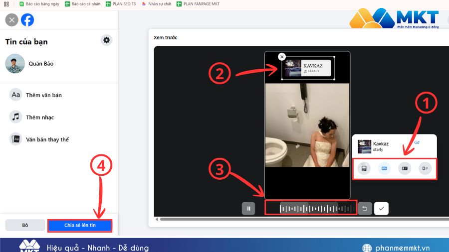 Chọn hình dạng, vị trí và đoạn điệp khúc của bài hát bạn muốn sau đó chia sẻ lên tin Cách đăng video lên story Facebook bằng máy tính