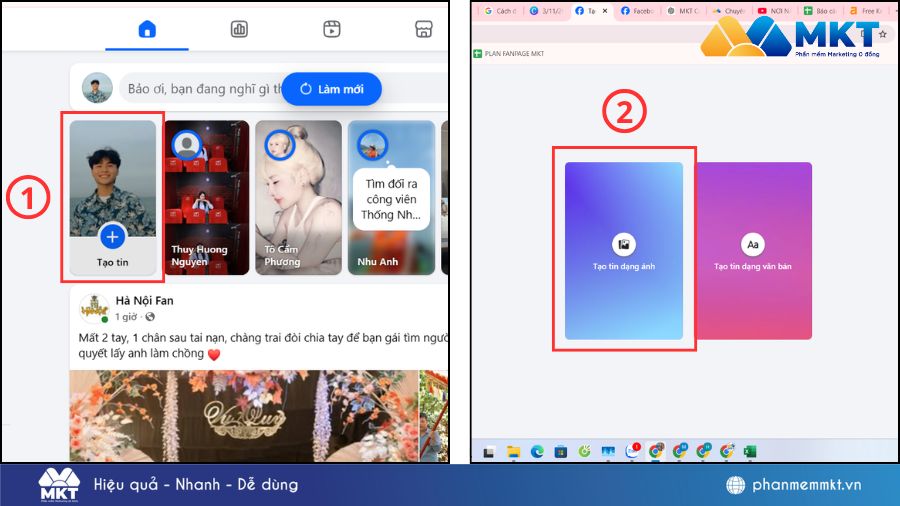 Tại trang chủ facebook cá nhân của bạn ấn tạo tin và tạo tin bằng hình ảnh Cách đăng video lên story Facebook bằng máy tính