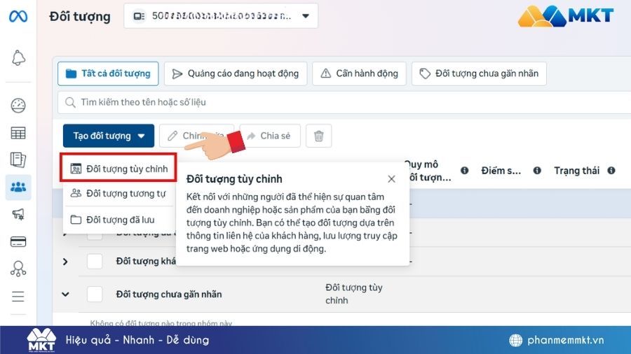 Cách chạy quảng cáo bằng tệp số điện thoại chi tiết từ A-Z, đúng chính sách 2026 4 Chọn đối tượng tùy chỉnh