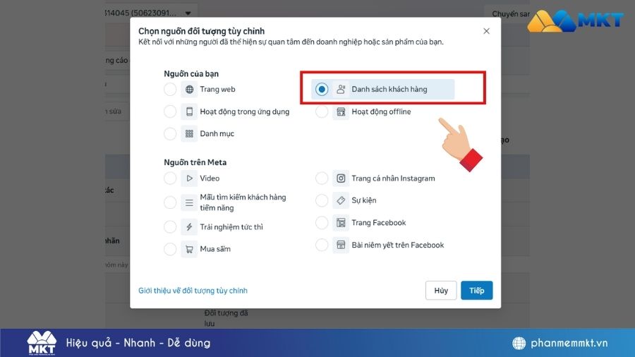 Cách chạy quảng cáo bằng tệp số điện thoại chi tiết từ A-Z, đúng chính sách 2026 5 Chọn danh sách khách hàng