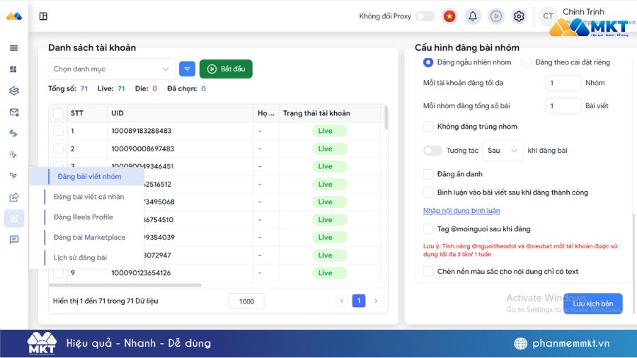 Giao diện Phần mềm MKT Care