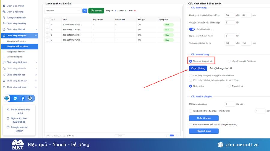 Giao diện chức năng đăng bài trên Facebook của phần mềm MKT Care